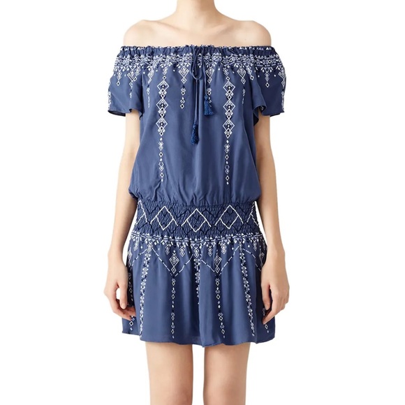 Parker Dresses & Skirts - Parker Tammy Dress Size S Blue Off-Shoulder Mini Embroidered Smocked Tassels